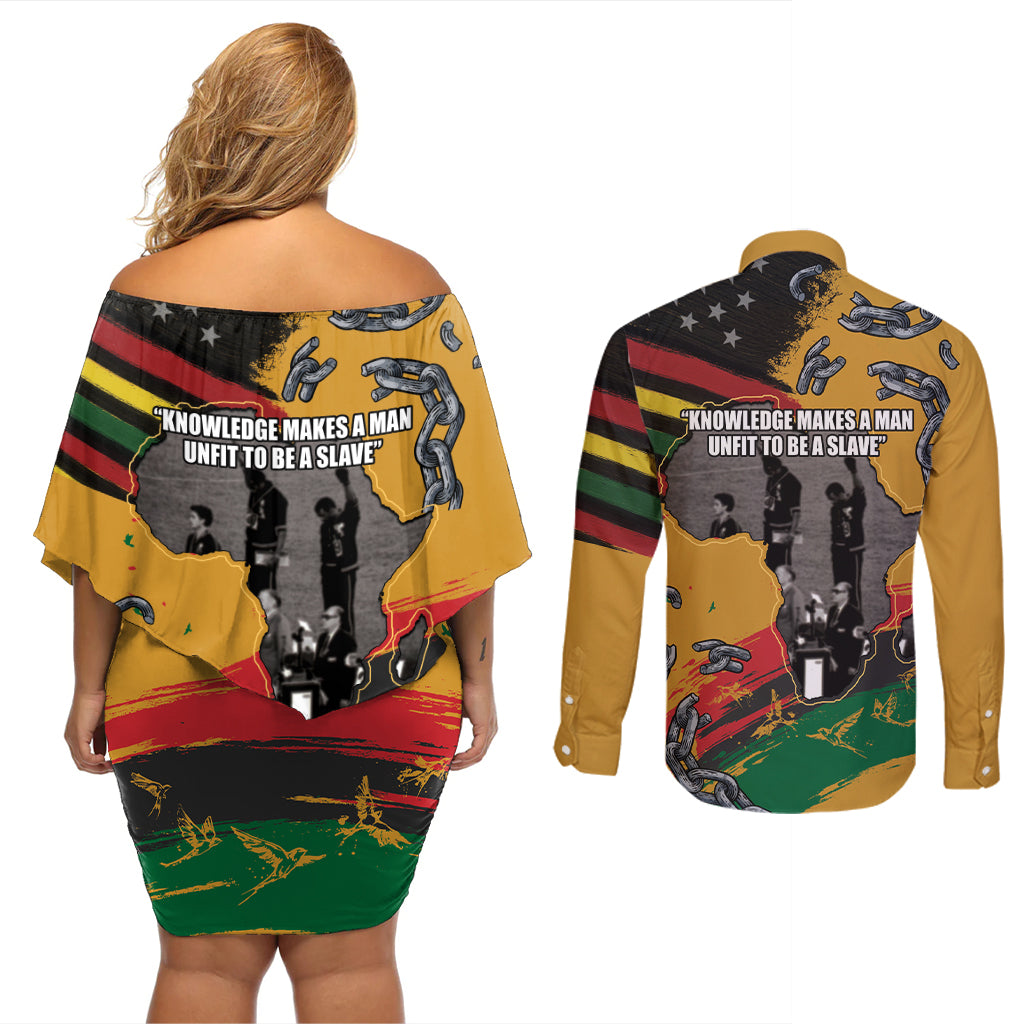 Juneteenth Freedom Day Couples Matching Off Shoulder Short Dress and Long Sleeve Button Shirt 1968 Black Power Salute Broken Chain - Wonder Print Shop