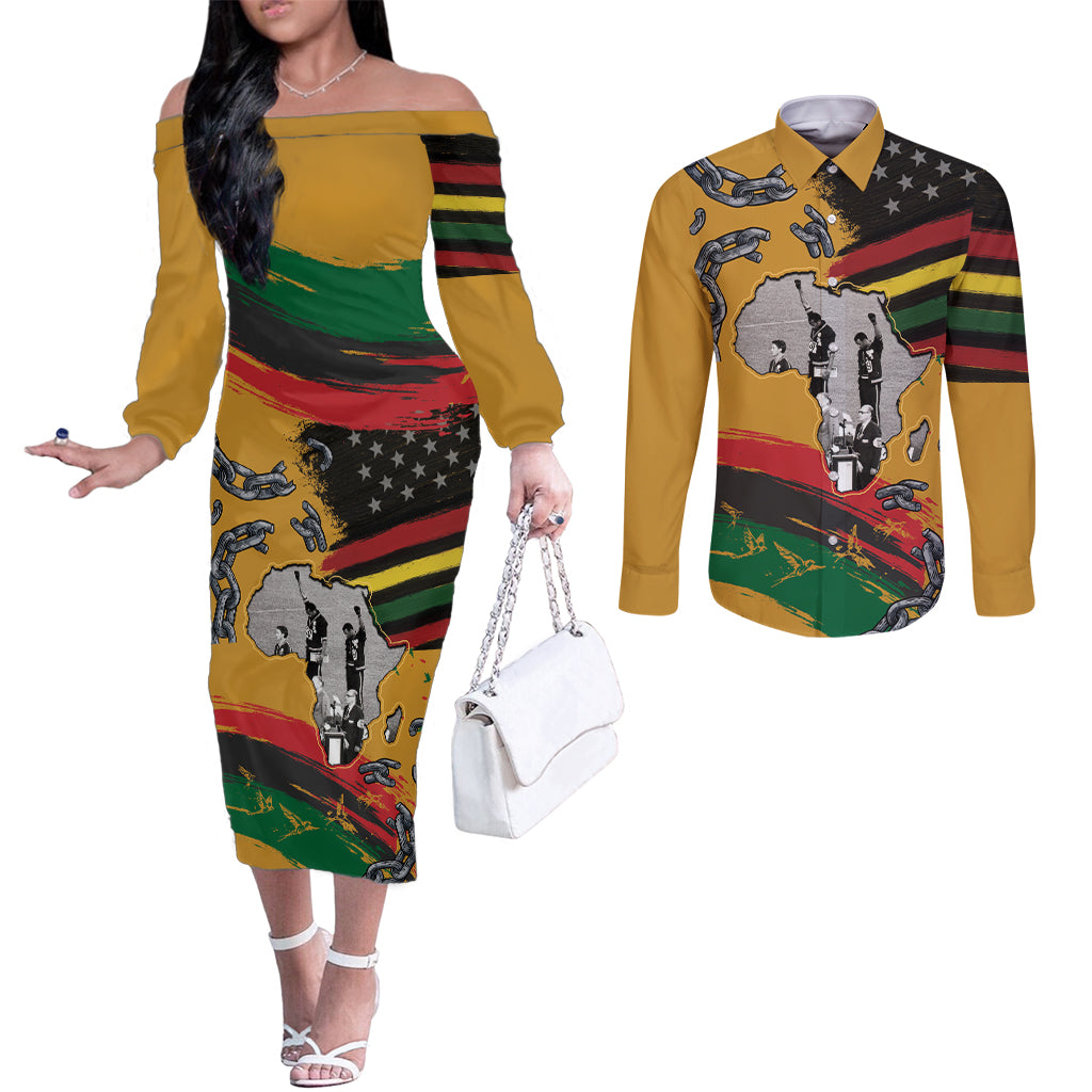 Juneteenth Freedom Day Couples Matching Off The Shoulder Long Sleeve Dress and Long Sleeve Button Shirt 1968 Olympics Black Power Salute Broken Chain