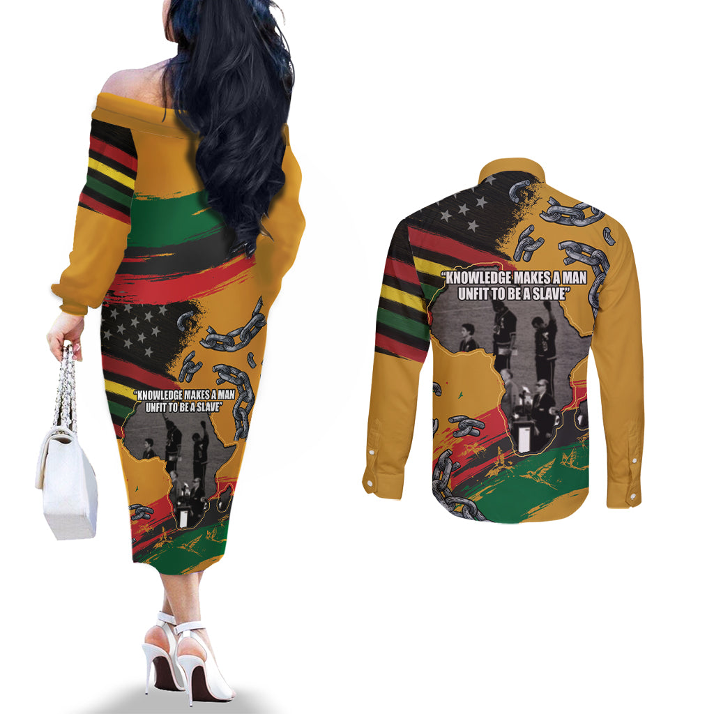Juneteenth Freedom Day Couples Matching Off The Shoulder Long Sleeve Dress and Long Sleeve Button Shirt 1968 Olympics Black Power Salute Broken Chain