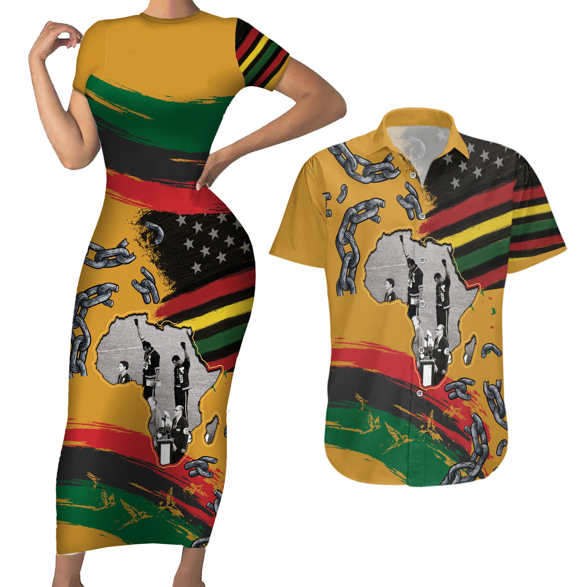 Juneteenth Freedom Day Couples Matching Short Sleeve Bodycon Dress and Hawaiian Shirt 1968 Black Power Salute Broken Chain - Wonder Print Shop