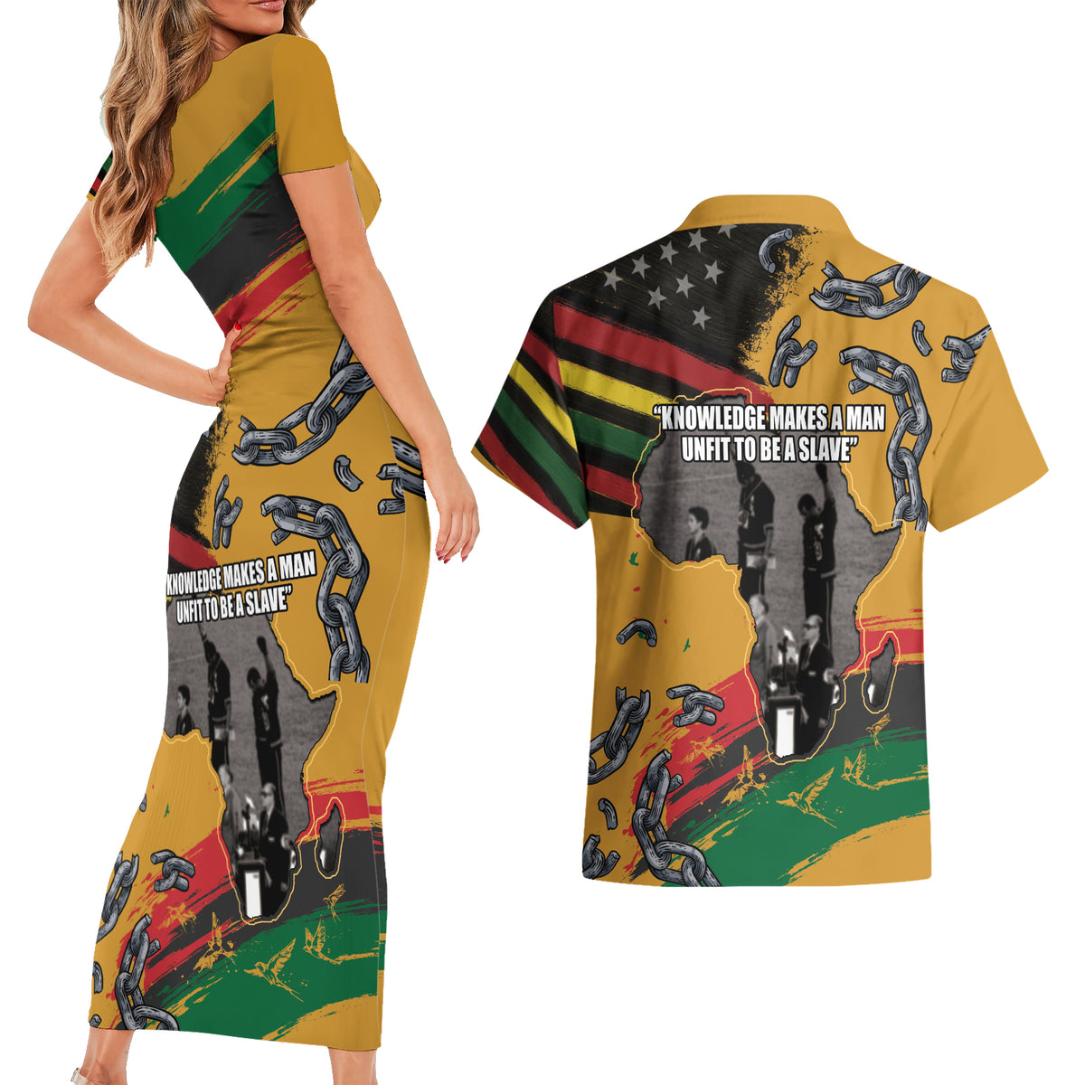 Juneteenth Freedom Day Couples Matching Short Sleeve Bodycon Dress and Hawaiian Shirt 1968 Black Power Salute Broken Chain - Wonder Print Shop
