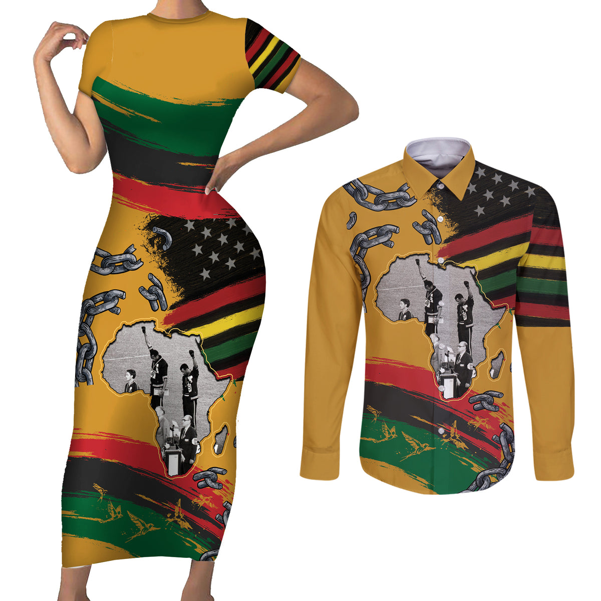 Juneteenth Freedom Day Couples Matching Short Sleeve Bodycon Dress and Long Sleeve Button Shirt 1968 Black Power Salute Broken Chain - Wonder Print Shop