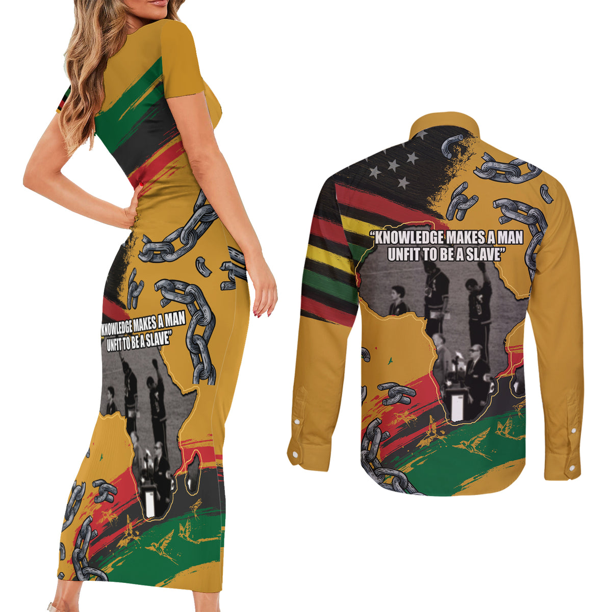 Juneteenth Freedom Day Couples Matching Short Sleeve Bodycon Dress and Long Sleeve Button Shirt 1968 Black Power Salute Broken Chain - Wonder Print Shop