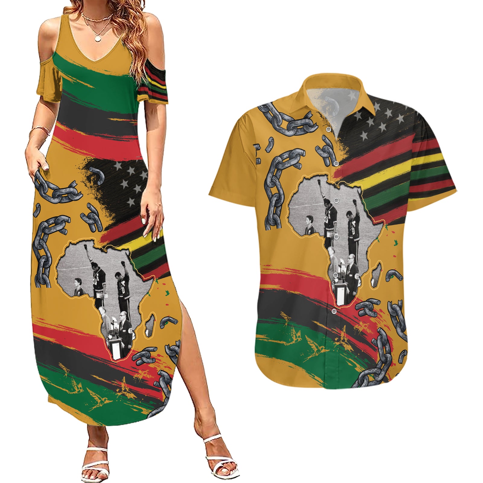 Juneteenth Freedom Day Couples Matching Summer Maxi Dress and Hawaiian Shirt 1968 Black Power Salute Broken Chain - Wonder Print Shop