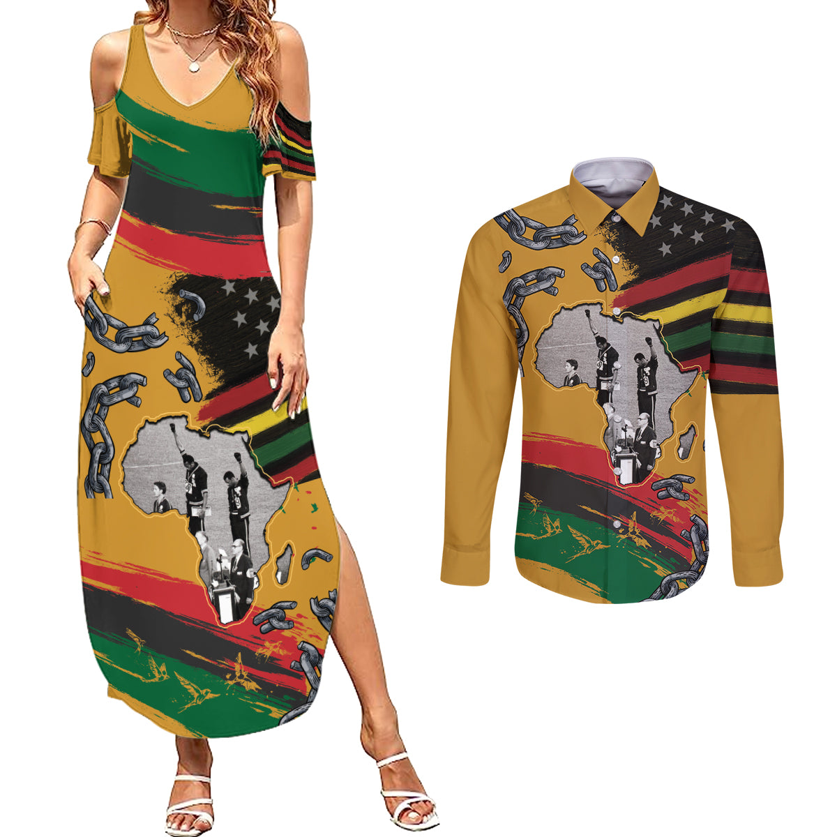 Juneteenth Freedom Day Couples Matching Summer Maxi Dress and Long Sleeve Button Shirt 1968 Black Power Salute Broken Chain - Wonder Print Shop