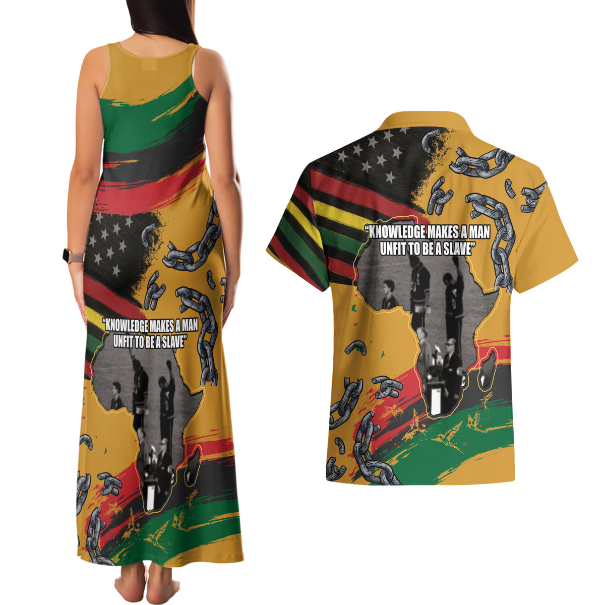 Juneteenth Freedom Day Couples Matching Tank Maxi Dress and Hawaiian Shirt 1968 Black Power Salute Broken Chain - Wonder Print Shop