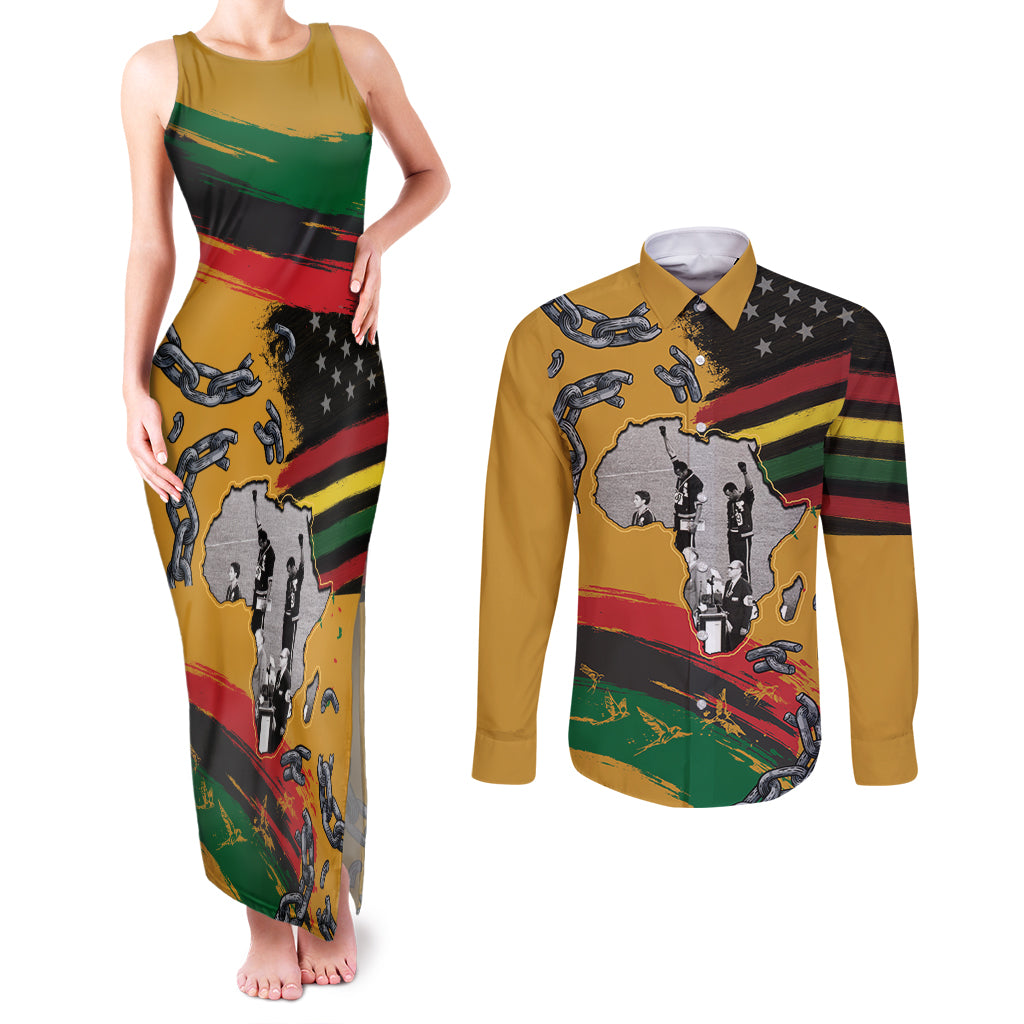 Juneteenth Freedom Day Couples Matching Tank Maxi Dress and Long Sleeve Button Shirt 1968 Black Power Salute Broken Chain - Wonder Print Shop
