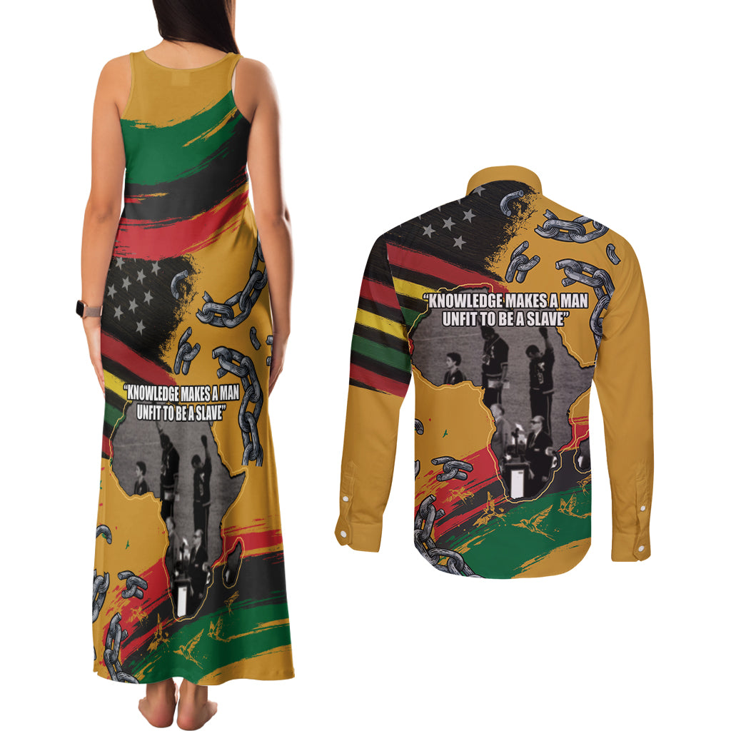 Juneteenth Freedom Day Couples Matching Tank Maxi Dress and Long Sleeve Button Shirt 1968 Black Power Salute Broken Chain - Wonder Print Shop