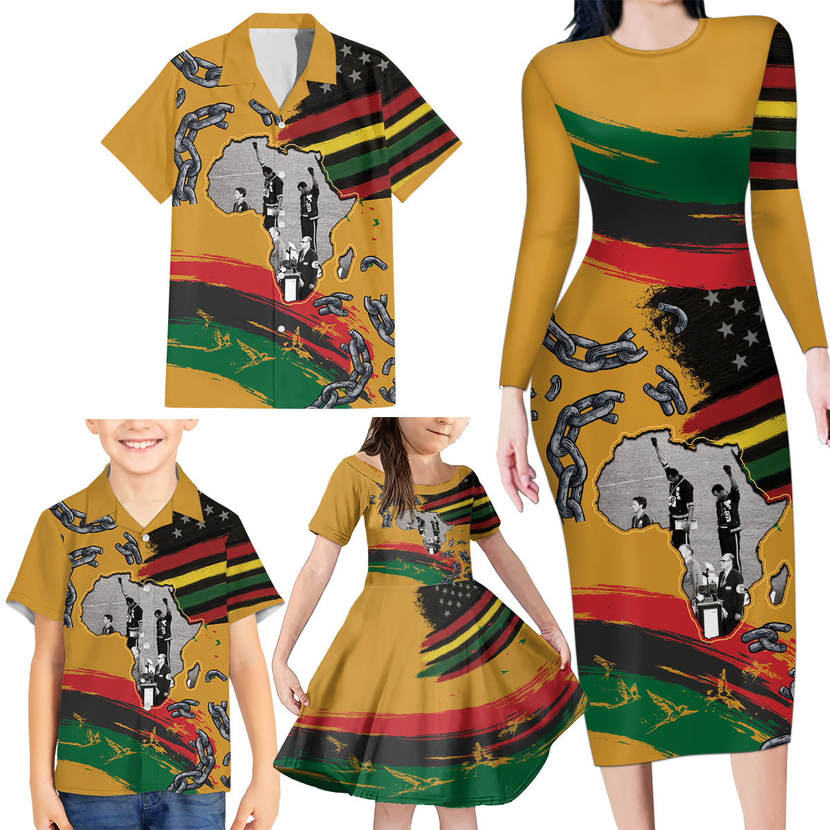 Juneteenth Freedom Day Family Matching Long Sleeve Bodycon Dress and Hawaiian Shirt 1968 Black Power Salute Broken Chain - Wonder Print Shop