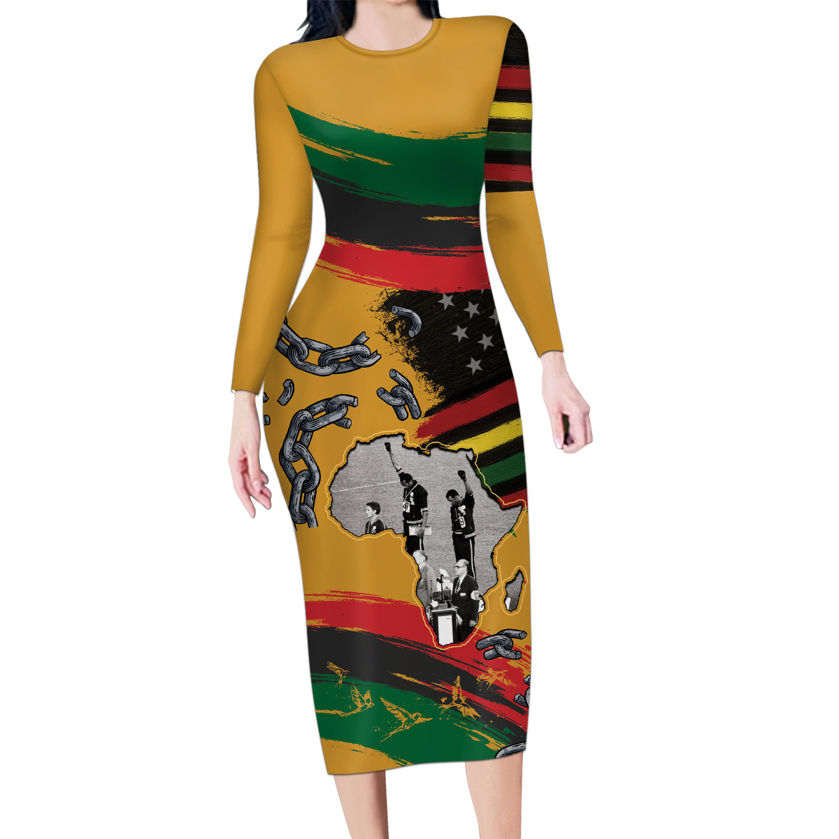 Juneteenth Freedom Day Family Matching Long Sleeve Bodycon Dress and Hawaiian Shirt 1968 Black Power Salute Broken Chain - Wonder Print Shop