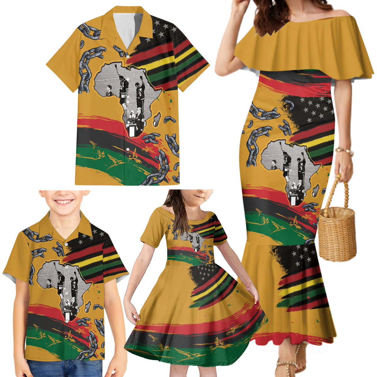 Juneteenth Freedom Day Family Matching Mermaid Dress and Hawaiian Shirt 1968 Black Power Salute Broken Chain - Wonder Print Shop