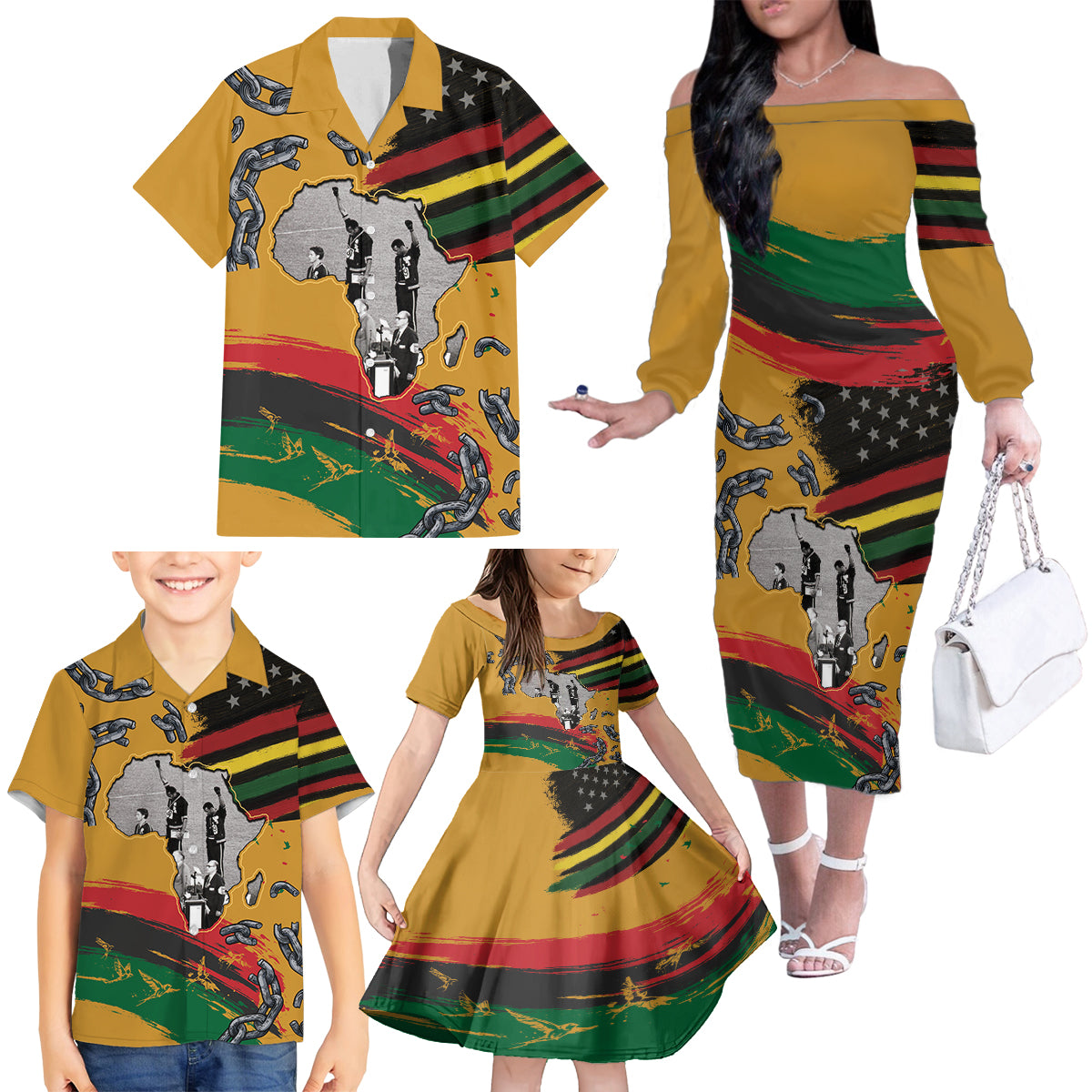 Juneteenth Freedom Day Family Matching Off The Shoulder Long Sleeve Dress and Hawaiian Shirt 1968 Black Power Salute Broken Chain - Wonder Print Shop