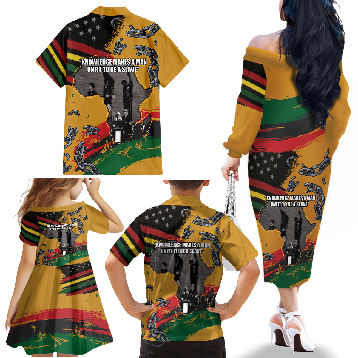 Juneteenth Freedom Day Family Matching Off The Shoulder Long Sleeve Dress and Hawaiian Shirt 1968 Black Power Salute Broken Chain - Wonder Print Shop