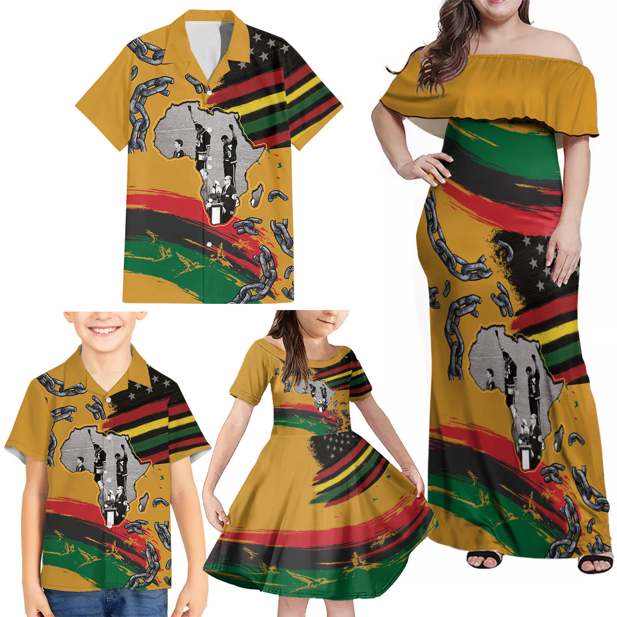 Juneteenth Freedom Day Family Matching Off Shoulder Maxi Dress and Hawaiian Shirt 1968 Black Power Salute Broken Chain - Wonder Print Shop