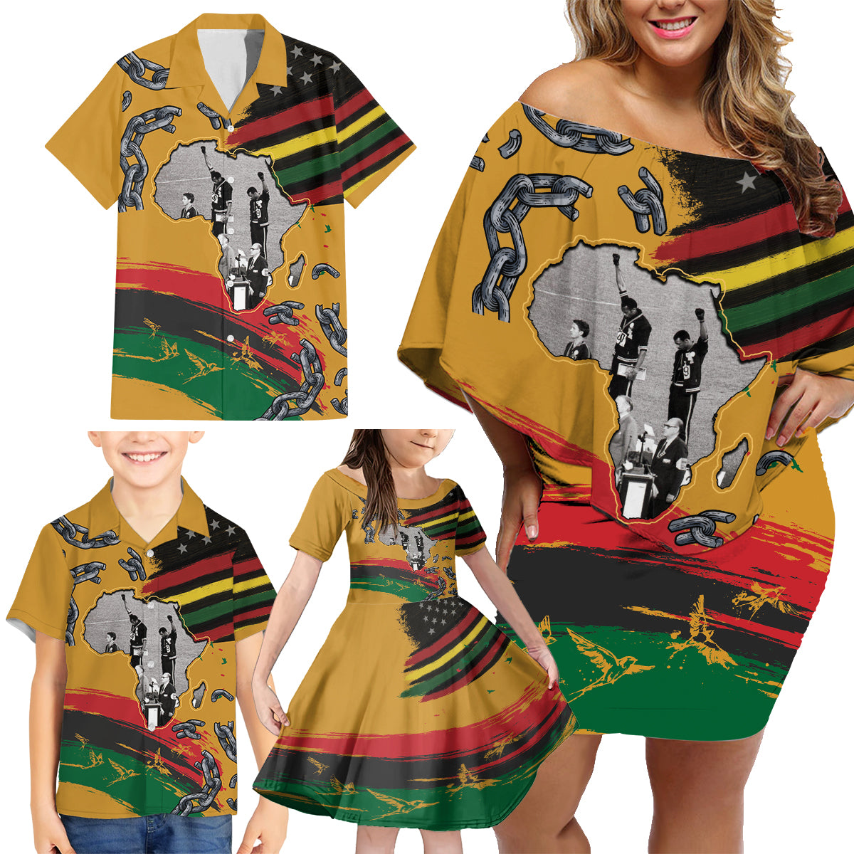Juneteenth Freedom Day Family Matching Off Shoulder Short Dress and Hawaiian Shirt 1968 Black Power Salute Broken Chain - Wonder Print Shop