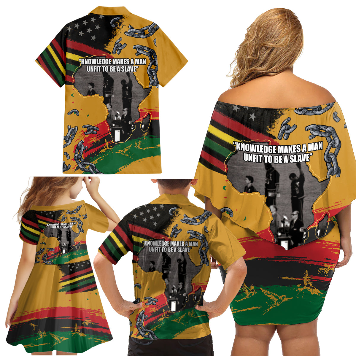 Juneteenth Freedom Day Family Matching Off Shoulder Short Dress and Hawaiian Shirt 1968 Black Power Salute Broken Chain - Wonder Print Shop