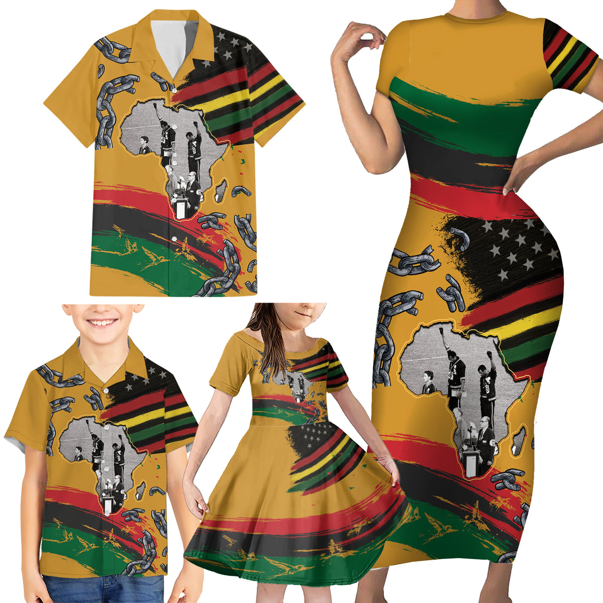 Juneteenth Freedom Day Family Matching Short Sleeve Bodycon Dress and Hawaiian Shirt 1968 Black Power Salute Broken Chain - Wonder Print Shop