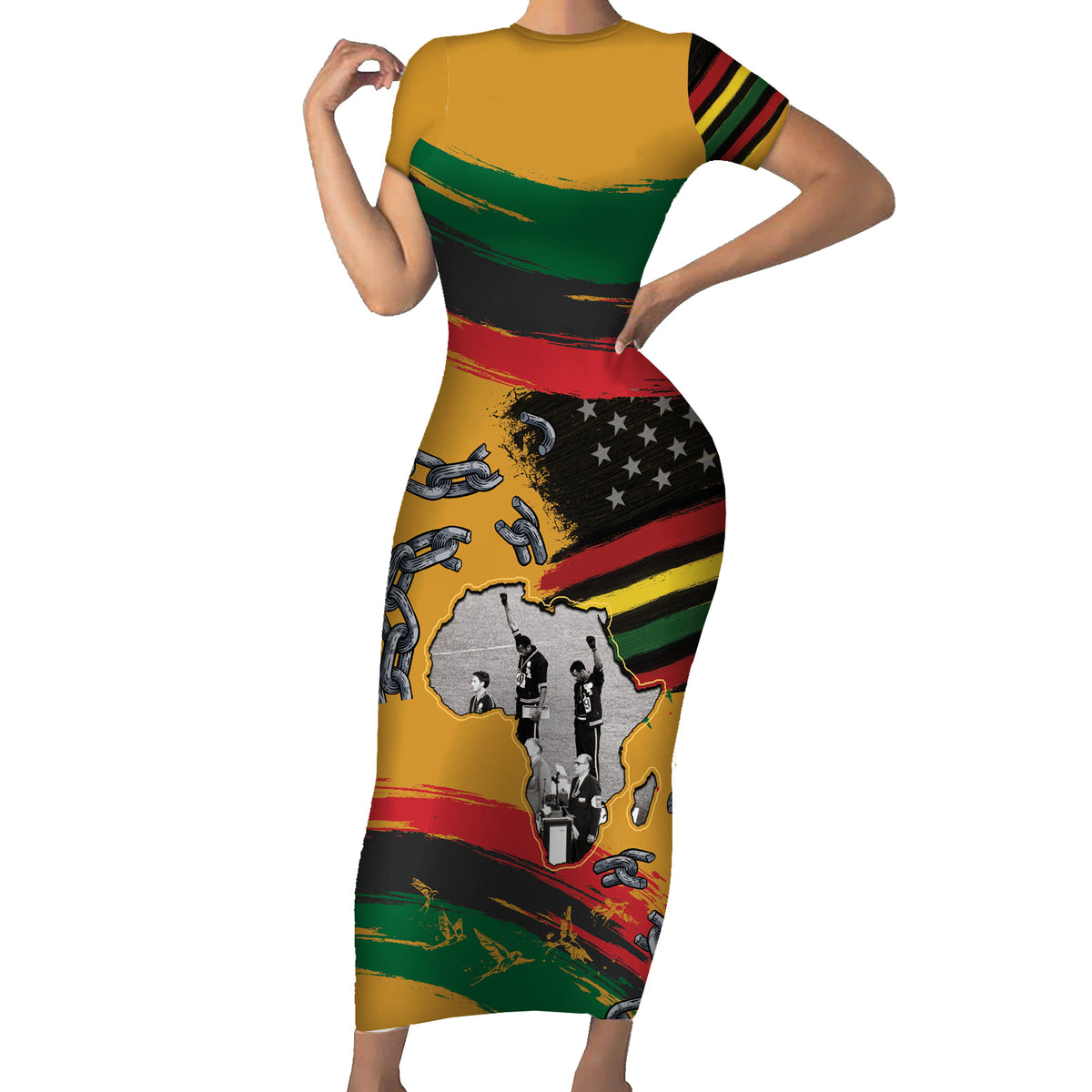 Juneteenth Freedom Day Family Matching Short Sleeve Bodycon Dress and Hawaiian Shirt 1968 Black Power Salute Broken Chain - Wonder Print Shop