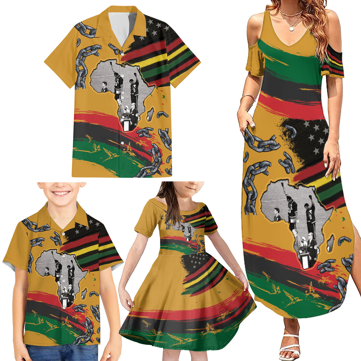 Juneteenth Freedom Day Family Matching Summer Maxi Dress and Hawaiian Shirt 1968 Black Power Salute Broken Chain - Wonder Print Shop