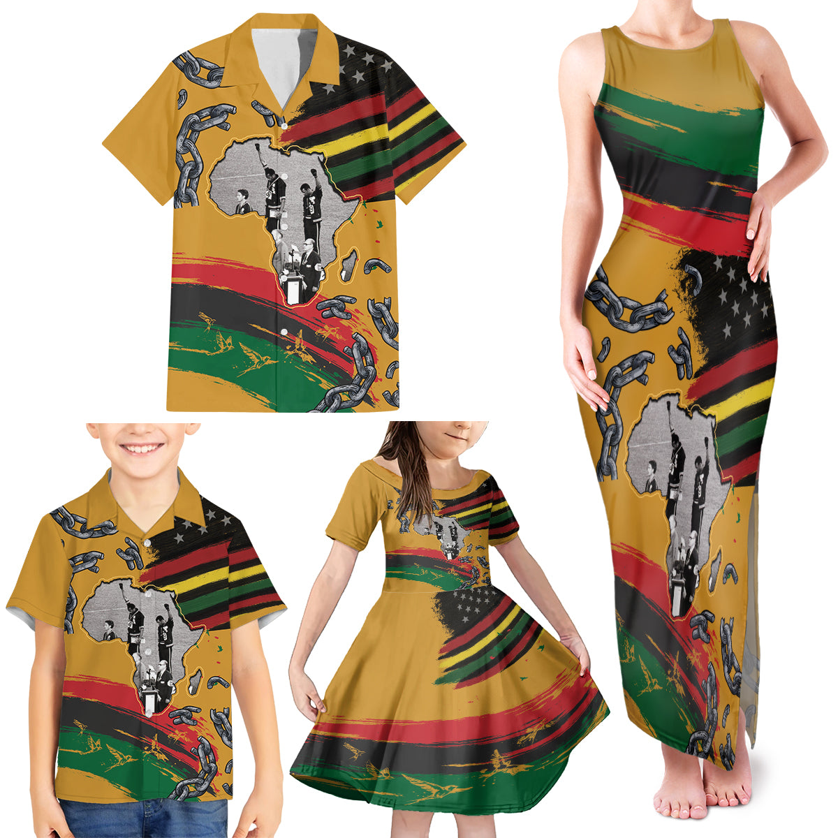 Juneteenth Freedom Day Family Matching Tank Maxi Dress and Hawaiian Shirt 1968 Black Power Salute Broken Chain - Wonder Print Shop