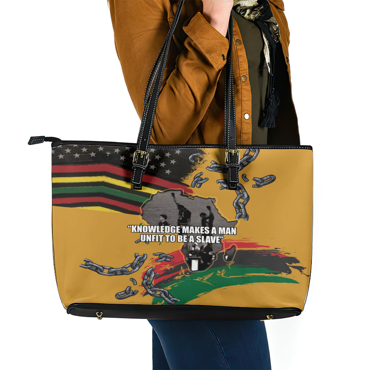 Juneteenth Freedom Day Leather Tote Bag 1968 Black Power Salute Broken Chain - Wonder Print Shop