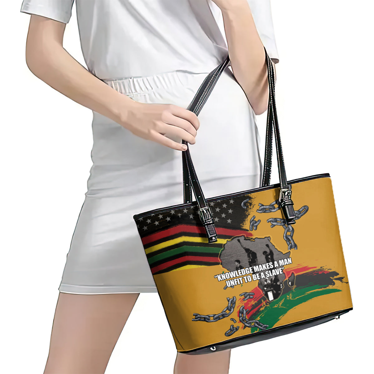 Juneteenth Freedom Day Leather Tote Bag 1968 Black Power Salute Broken Chain - Wonder Print Shop