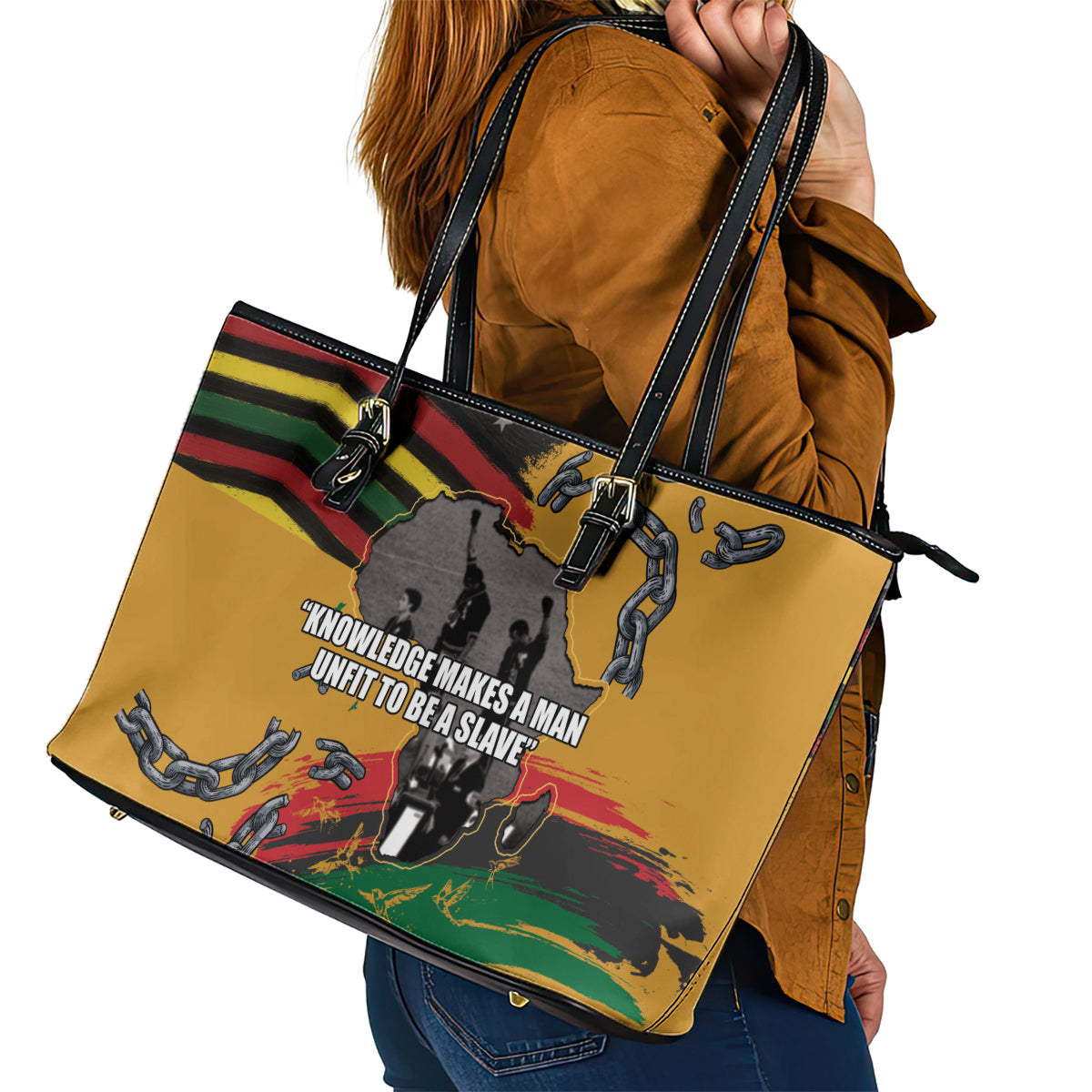 Juneteenth Freedom Day Leather Tote Bag 1968 Black Power Salute Broken Chain - Wonder Print Shop