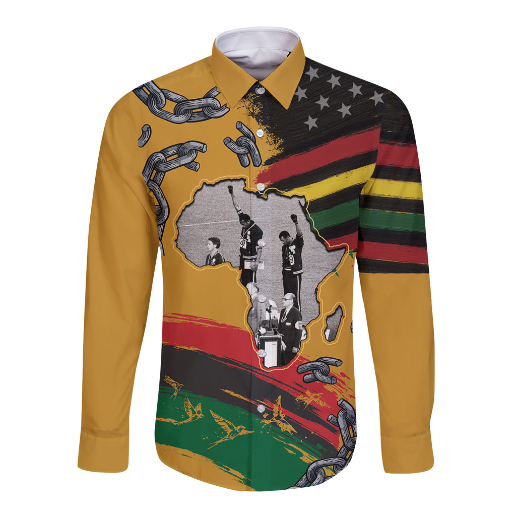 Juneteenth Freedom Day Long Sleeve Button Shirt 1968 Black Power Salute Broken Chain - Wonder Print Shop