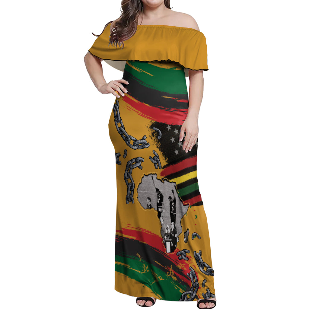 Juneteenth Freedom Day Off Shoulder Maxi Dress 1968 Black Power Salute Broken Chain - Wonder Print Shop