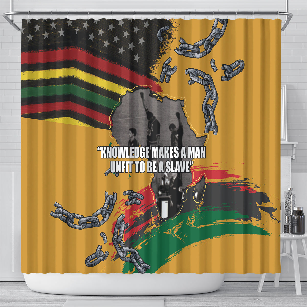 Juneteenth Freedom Day Shower Curtain 1968 Olympics Black Power Salute Broken Chain