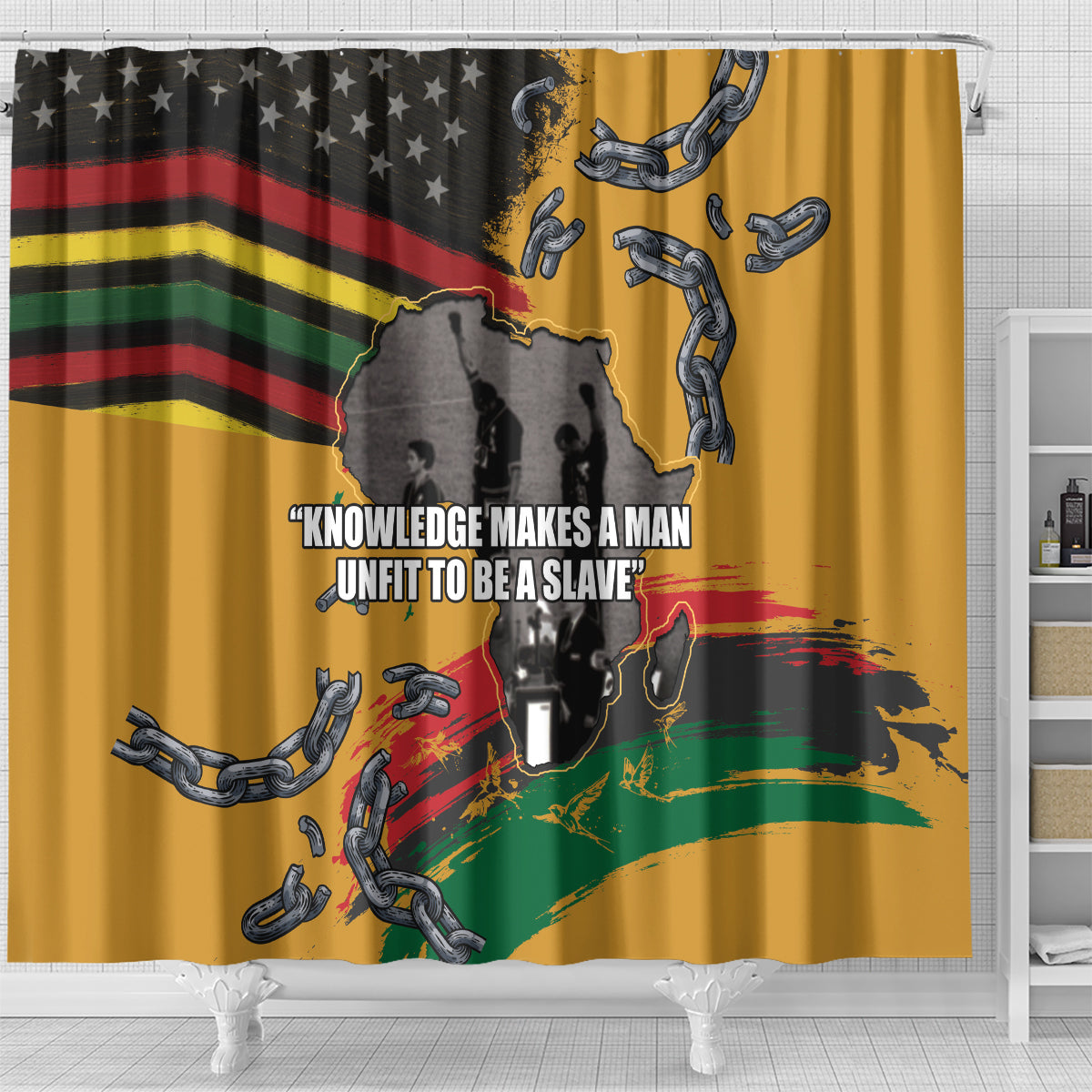 Juneteenth Freedom Day Shower Curtain 1968 Olympics Black Power Salute Broken Chain