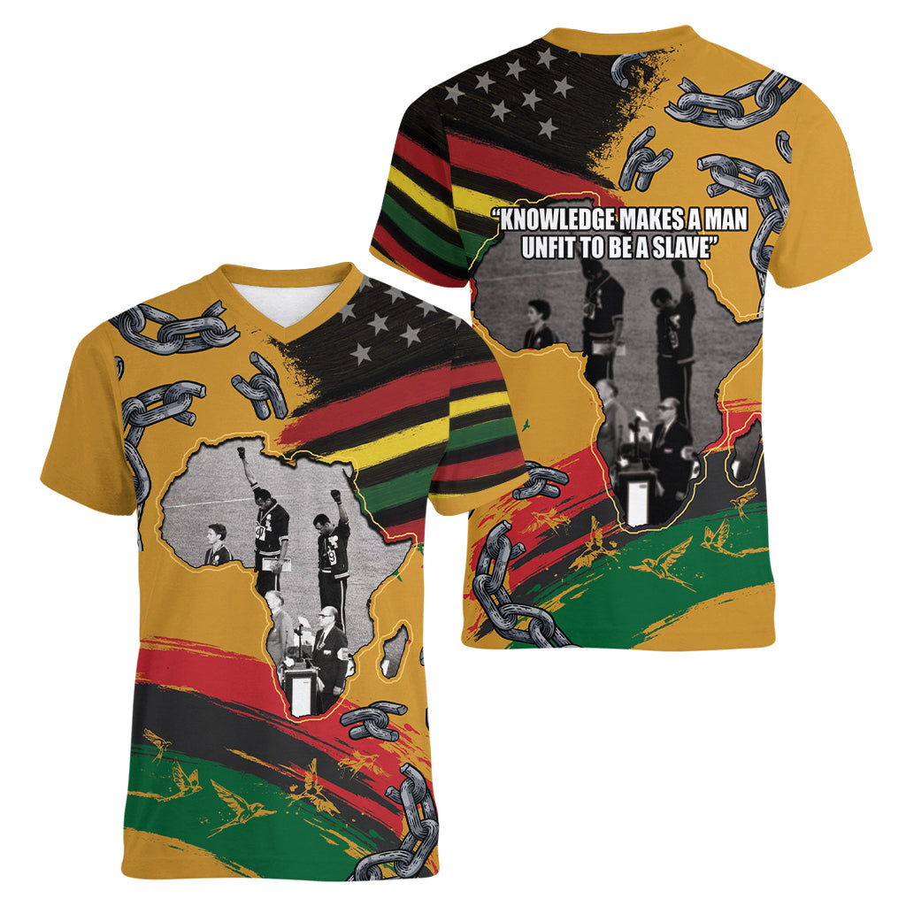 Juneteenth Freedom Day Women V-Neck T-Shirt 1968 Black Power Salute Broken Chain - Wonder Print Shop