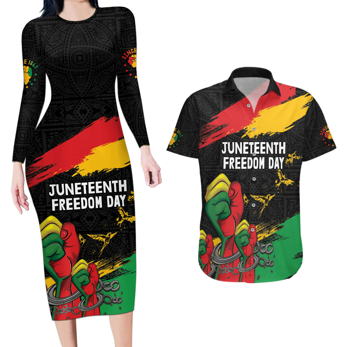Personalized Juneteenth Freedom Day Couples Matching Long Sleeve Bodycon Dress and Hawaiian Shirt Raised Fist Black Power and Africa Pattern - Wonder Print Shop