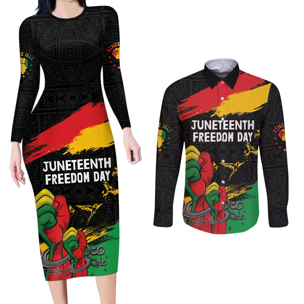 Personalized Juneteenth Freedom Day Couples Matching Long Sleeve Bodycon Dress and Long Sleeve Button Shirt Raised Fist Black Power and Africa Pattern - Wonder Print Shop
