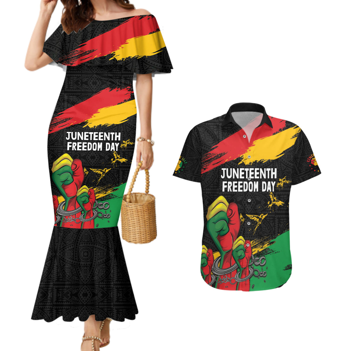 Personalized Juneteenth Freedom Day Couples Matching Mermaid Dress and Hawaiian Shirt Raised Fist Black Power and Africa Pattern - Wonder Print Shop