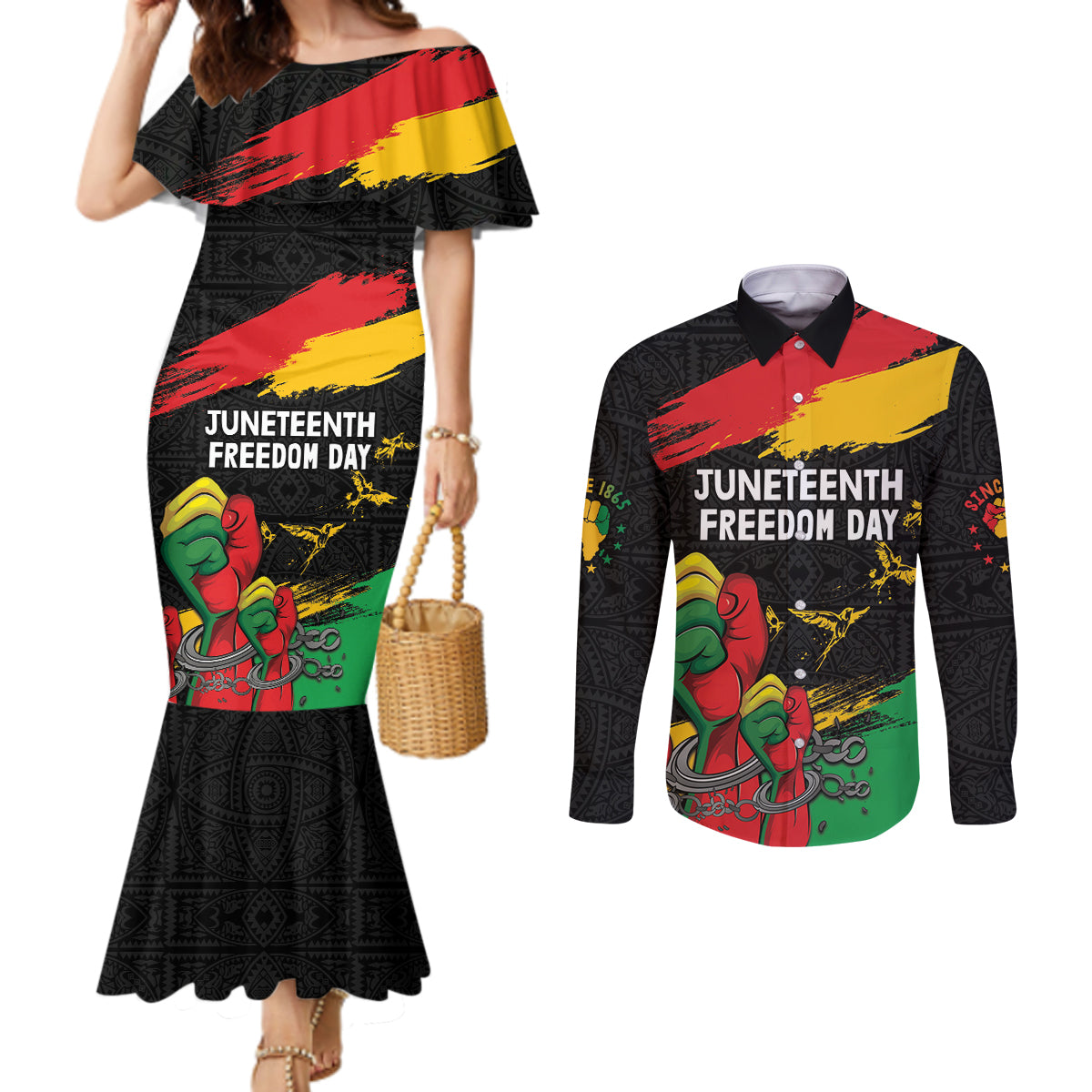 Personalized Juneteenth Freedom Day Couples Matching Mermaid Dress and Long Sleeve Button Shirt Raised Fist Black Power and Africa Pattern