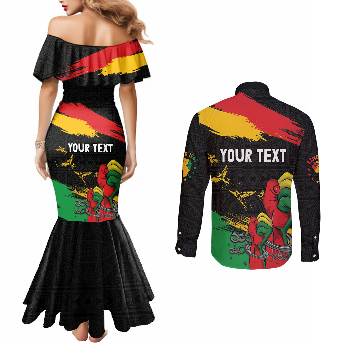 Personalized Juneteenth Freedom Day Couples Matching Mermaid Dress and Long Sleeve Button Shirt Raised Fist Black Power and Africa Pattern