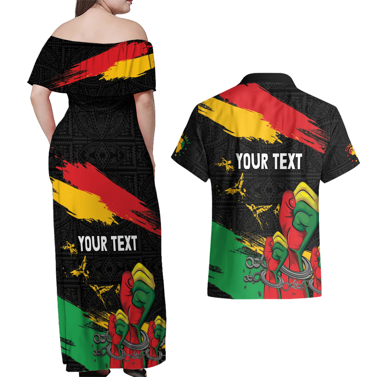 Personalized Juneteenth Freedom Day Couples Matching Off Shoulder Maxi Dress and Hawaiian Shirt Raised Fist Black Power and Africa Pattern - Wonder Print Shop