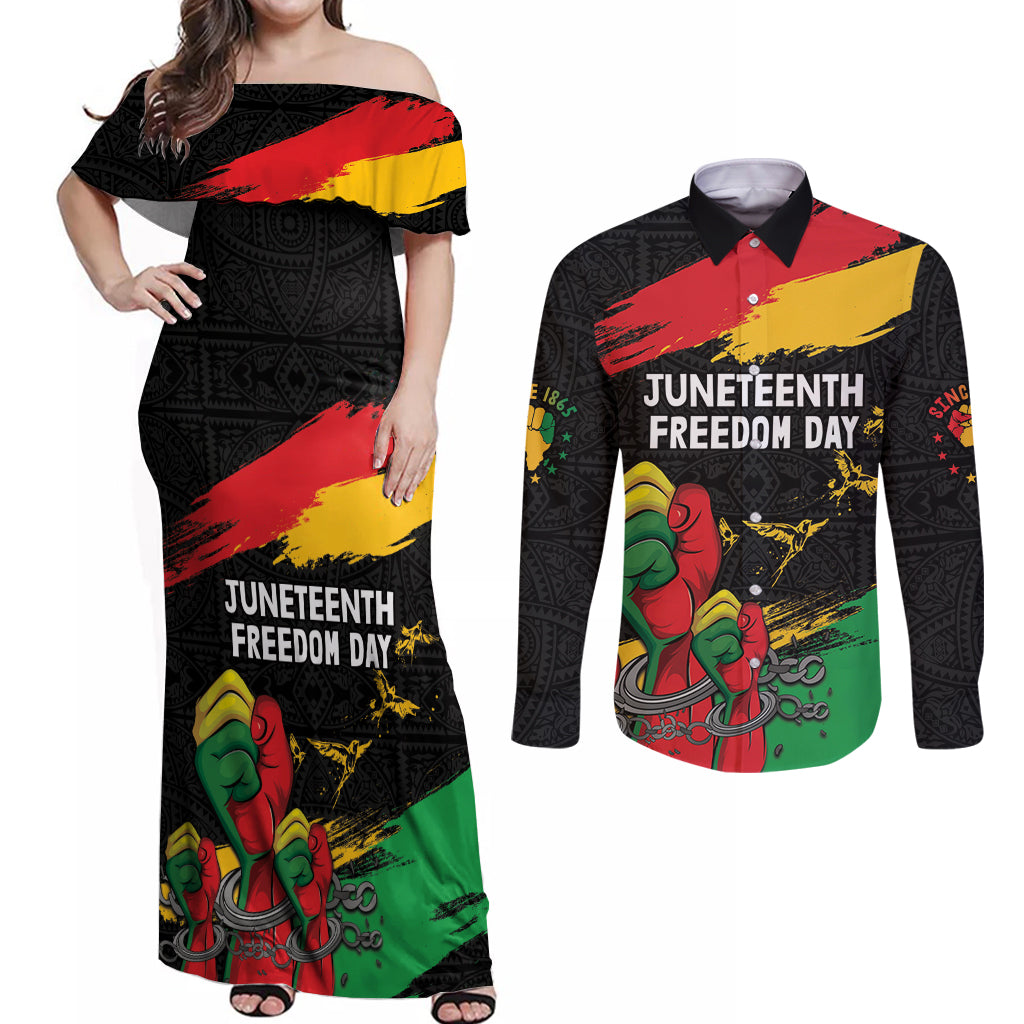 Personalized Juneteenth Freedom Day Couples Matching Off Shoulder Maxi Dress and Long Sleeve Button Shirt Raised Fist Black Power and Africa Pattern - Wonder Print Shop