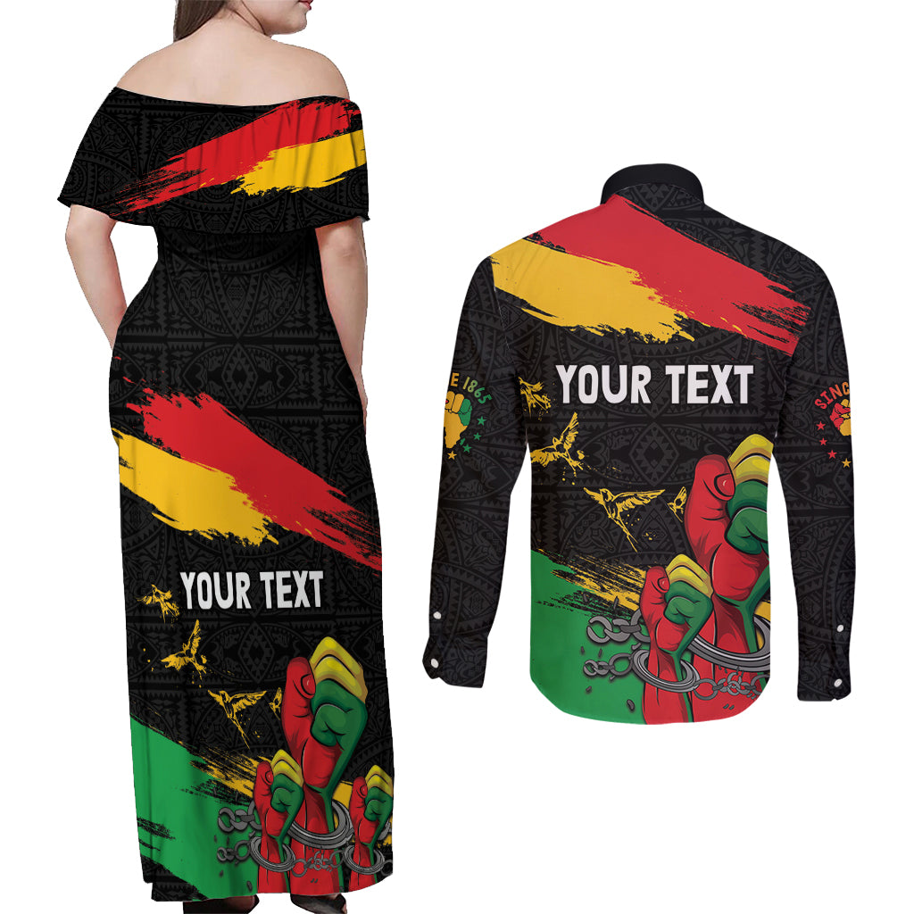 Personalized Juneteenth Freedom Day Couples Matching Off Shoulder Maxi Dress and Long Sleeve Button Shirt Raised Fist Black Power and Africa Pattern - Wonder Print Shop
