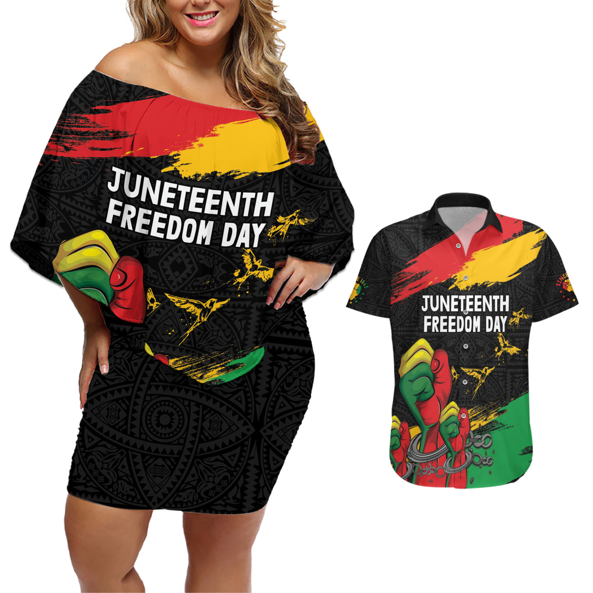 Personalized Juneteenth Freedom Day Couples Matching Off Shoulder Short Dress and Hawaiian Shirt Raised Fist Black Power and Africa Pattern - Wonder Print Shop