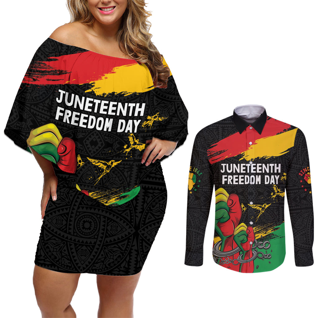 Personalized Juneteenth Freedom Day Couples Matching Off Shoulder Short Dress and Long Sleeve Button Shirt Raised Fist Black Power and Africa Pattern - Wonder Print Shop