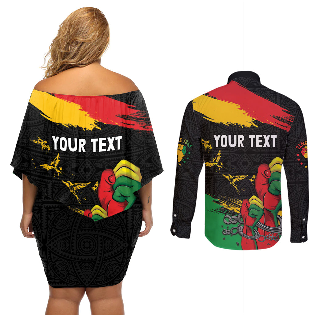 Personalized Juneteenth Freedom Day Couples Matching Off Shoulder Short Dress and Long Sleeve Button Shirt Raised Fist Black Power and Africa Pattern - Wonder Print Shop
