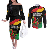 Personalized Juneteenth Freedom Day Couples Matching Off The Shoulder Long Sleeve Dress and Long Sleeve Button Shirt Raised Fist Black Power and Africa Pattern