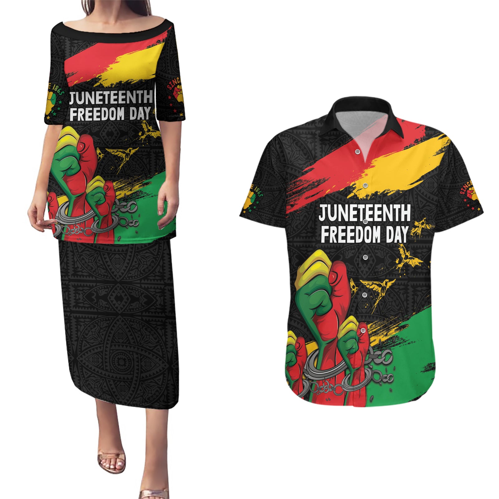 Personalized Juneteenth Freedom Day Couples Matching Puletasi and Hawaiian Shirt Raised Fist Black Power and Africa Pattern - Wonder Print Shop