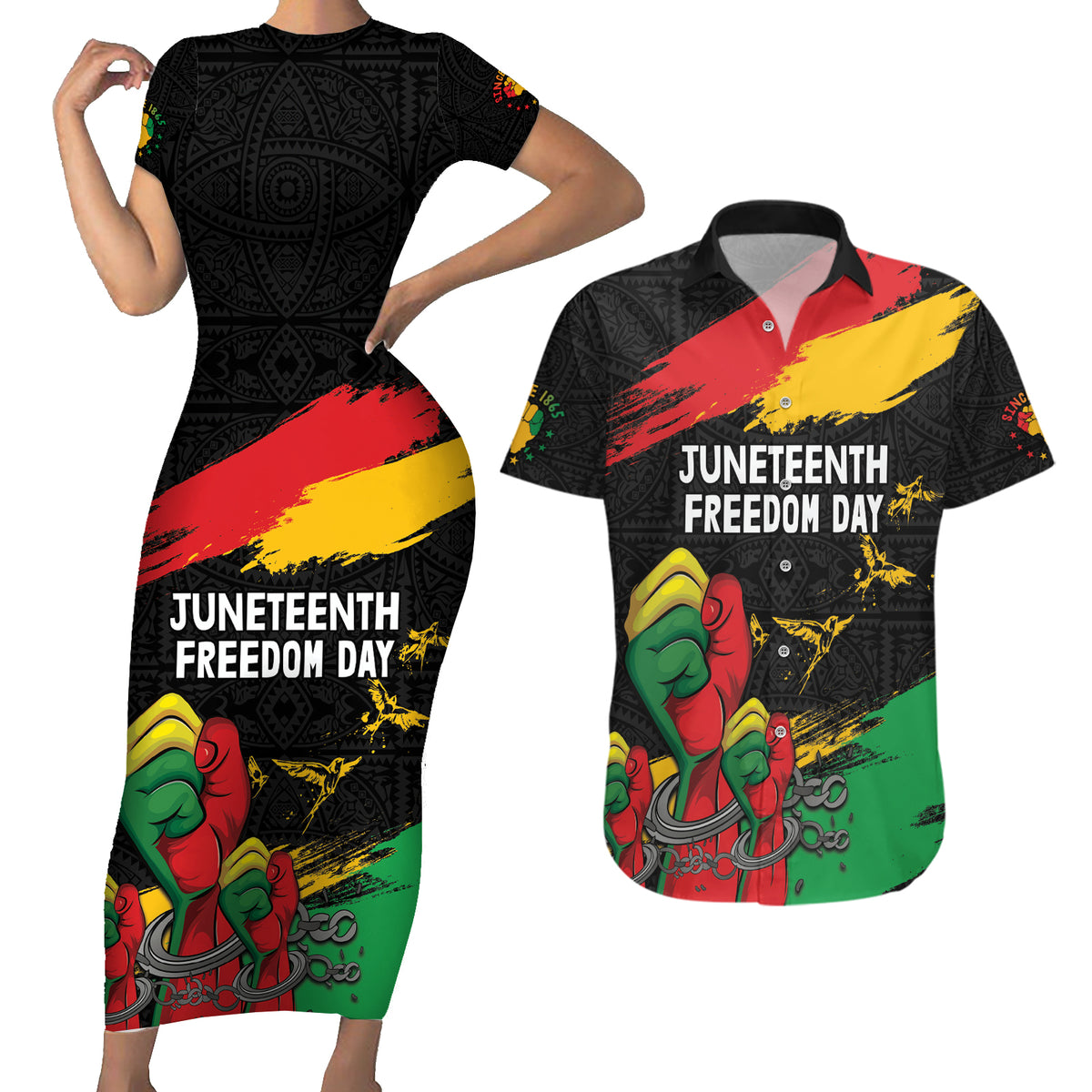 Personalized Juneteenth Freedom Day Couples Matching Short Sleeve Bodycon Dress and Hawaiian Shirt Raised Fist Black Power and Africa Pattern - Wonder Print Shop
