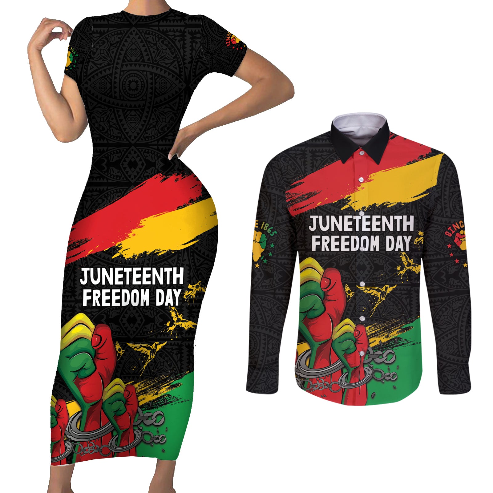Personalized Juneteenth Freedom Day Couples Matching Short Sleeve Bodycon Dress and Long Sleeve Button Shirt Raised Fist Black Power and Africa Pattern - Wonder Print Shop
