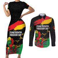 Personalized Juneteenth Freedom Day Couples Matching Short Sleeve Bodycon Dress and Long Sleeve Button Shirt Raised Fist Black Power and Africa Pattern - Wonder Print Shop