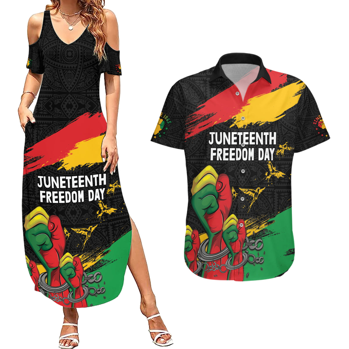 Personalized Juneteenth Freedom Day Couples Matching Summer Maxi Dress and Hawaiian Shirt Raised Fist Black Power and Africa Pattern - Wonder Print Shop