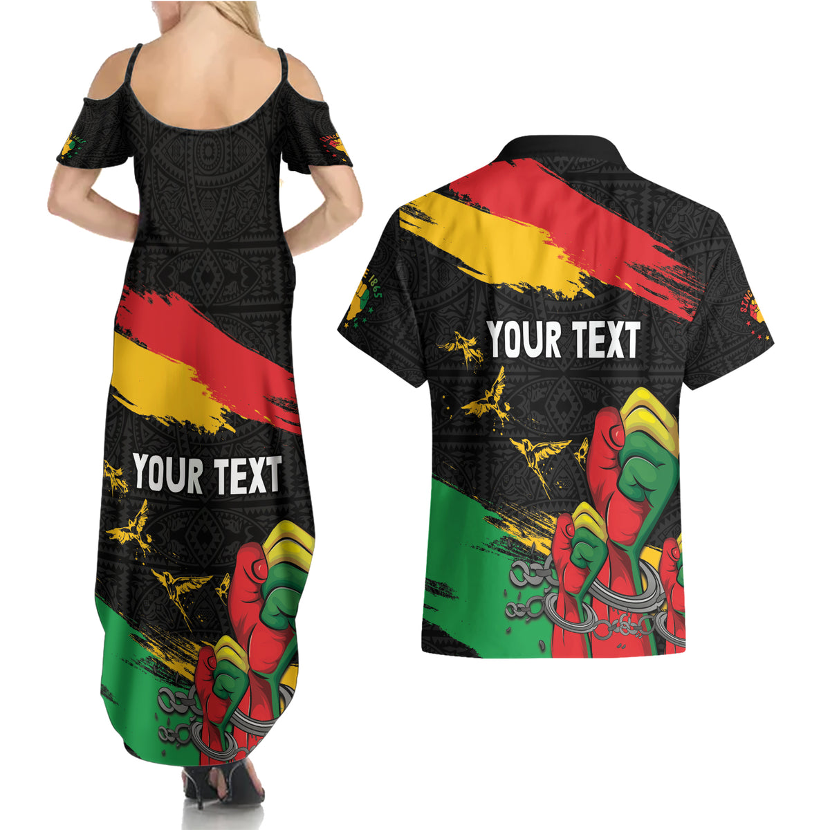 Personalized Juneteenth Freedom Day Couples Matching Summer Maxi Dress and Hawaiian Shirt Raised Fist Black Power and Africa Pattern - Wonder Print Shop